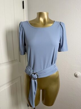 bebe Light Blue Short Sleeve Scoop Neck Top with Waist Ring Tie